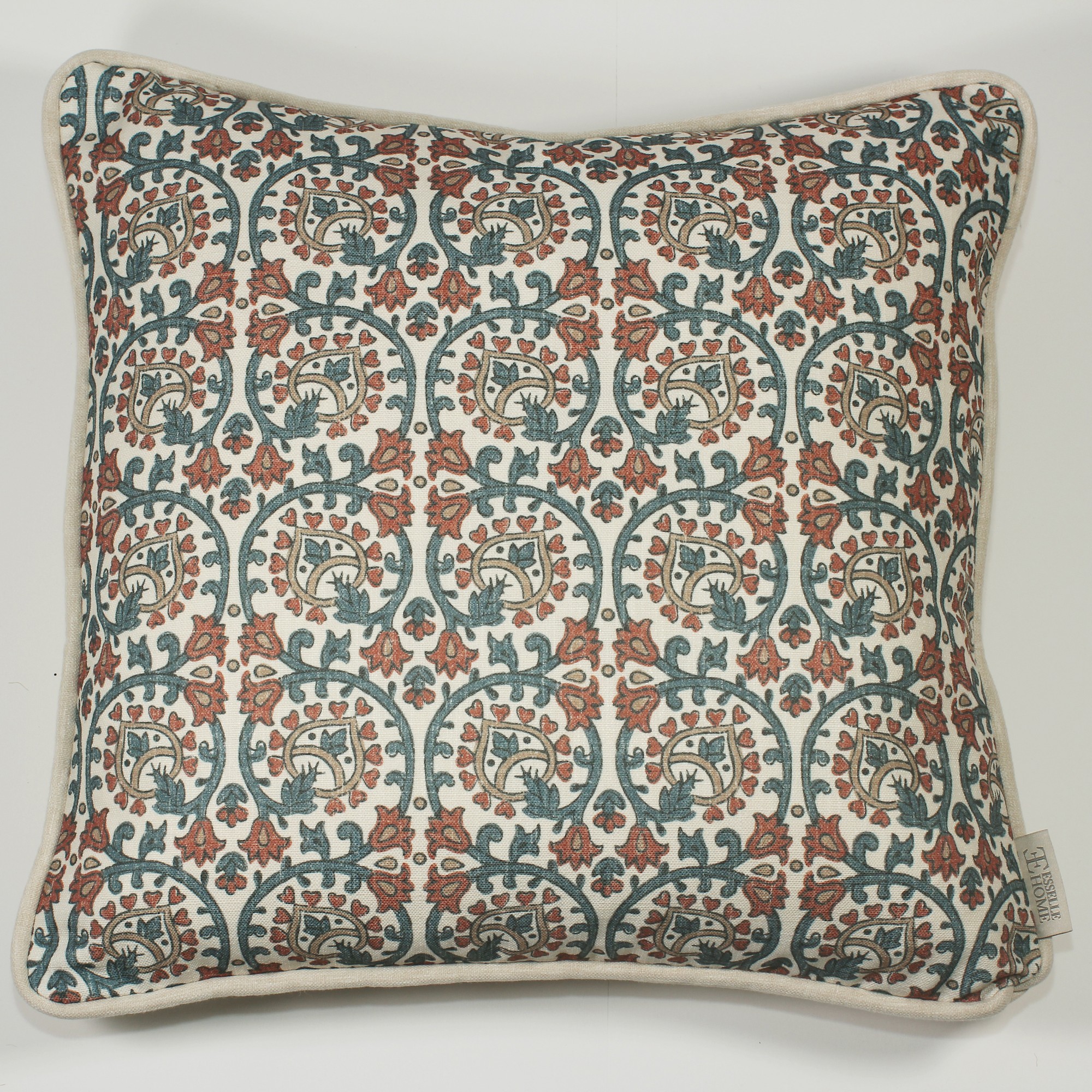 Veda Linen Floral Vine Cushion In Spice Blue